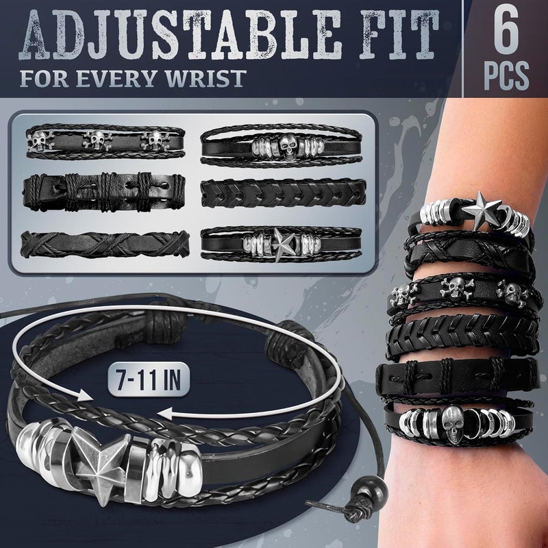 Evrblock Emo Bracelets – 6 Pcs Black Skull Emo Jewelry – Durable Leather Gothic Jewelry and Grunge Bracelets | Adjustable 7"-11" & Comfortable Fit - Image 2
